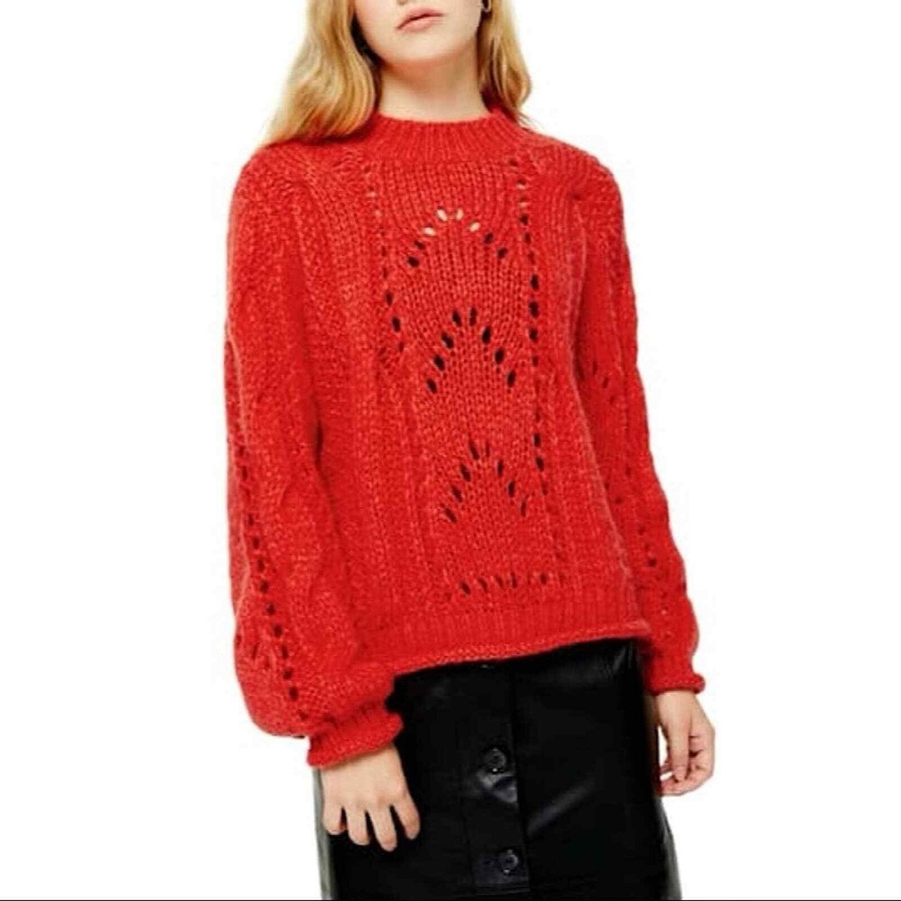 Topshop Open Shell Sweater Top 8/10 Balloon Sleeve Orange Red NWT $75 B20